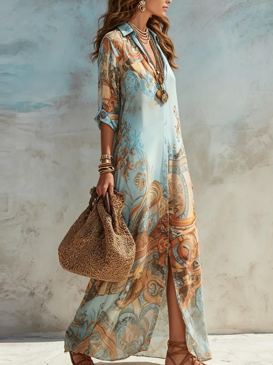 Vestido largo azul con estampado floral de estilo barroco