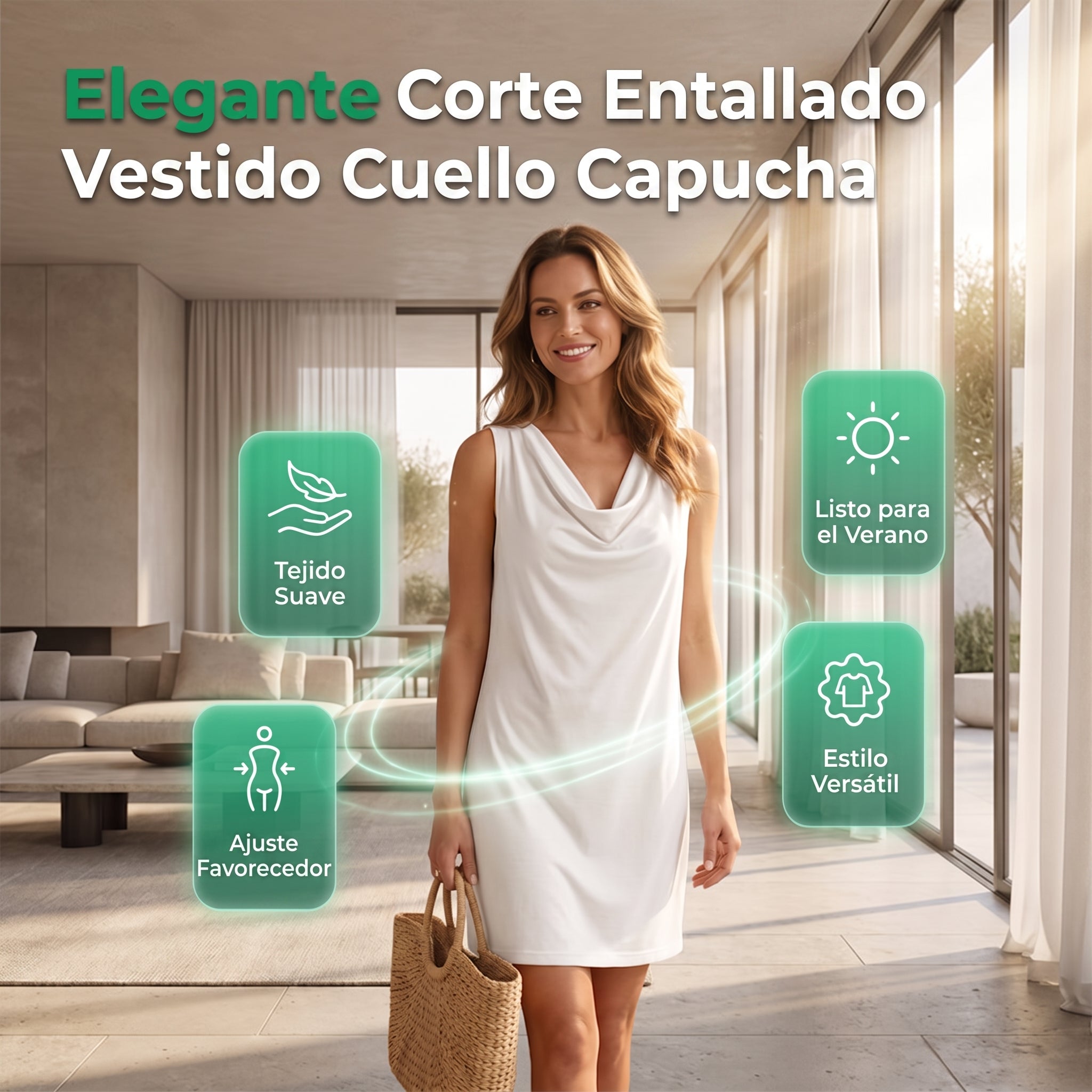 👗 ¡OFERTA LIMITADA: 50 % DE DESCUENTO! 💥 Vestido entallado con cuello barco – Sin mangas, bolsillos laterales, versátil ✨
