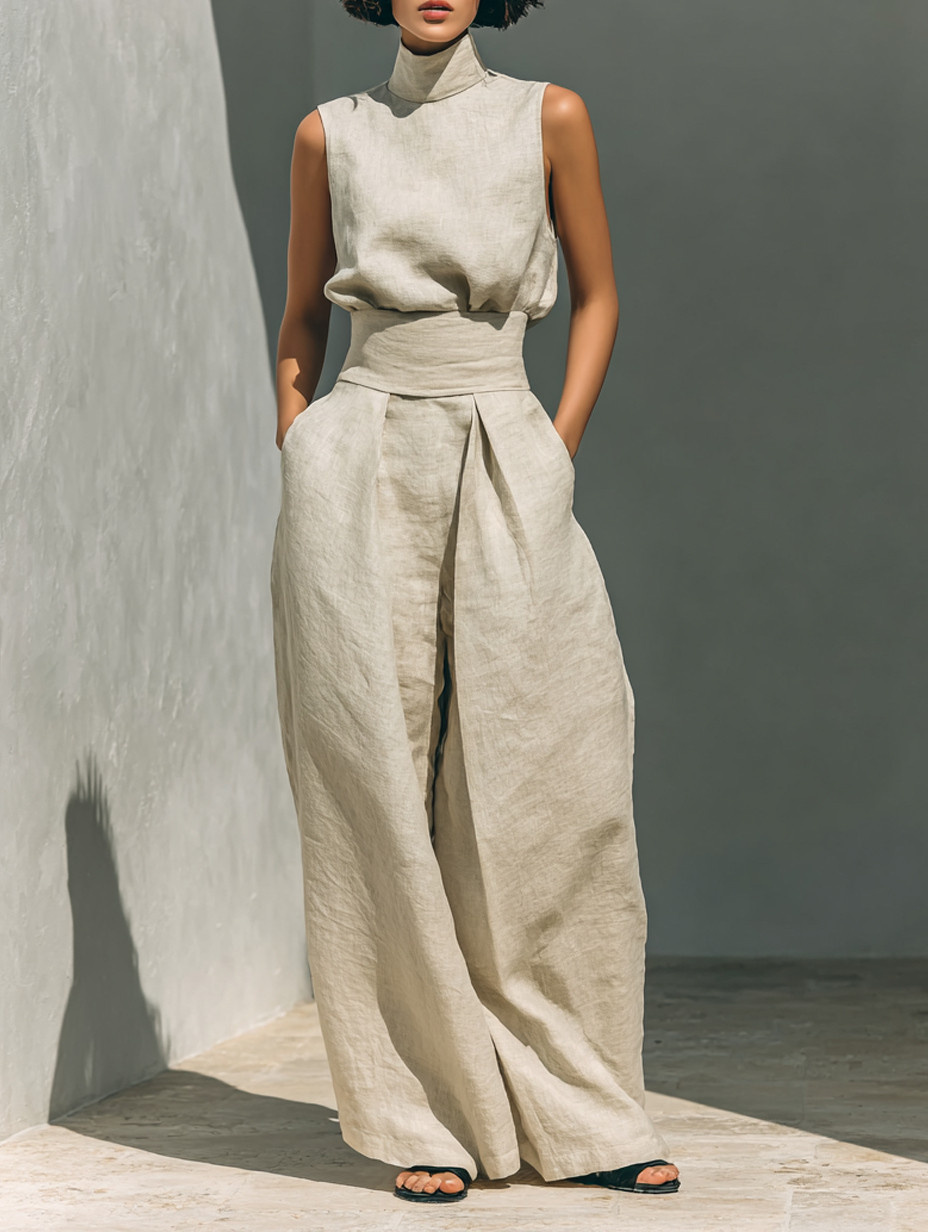 Marta |Conjunto de  Blusa Sin Mangas + Pantalón Ancho, Algodón/Lino