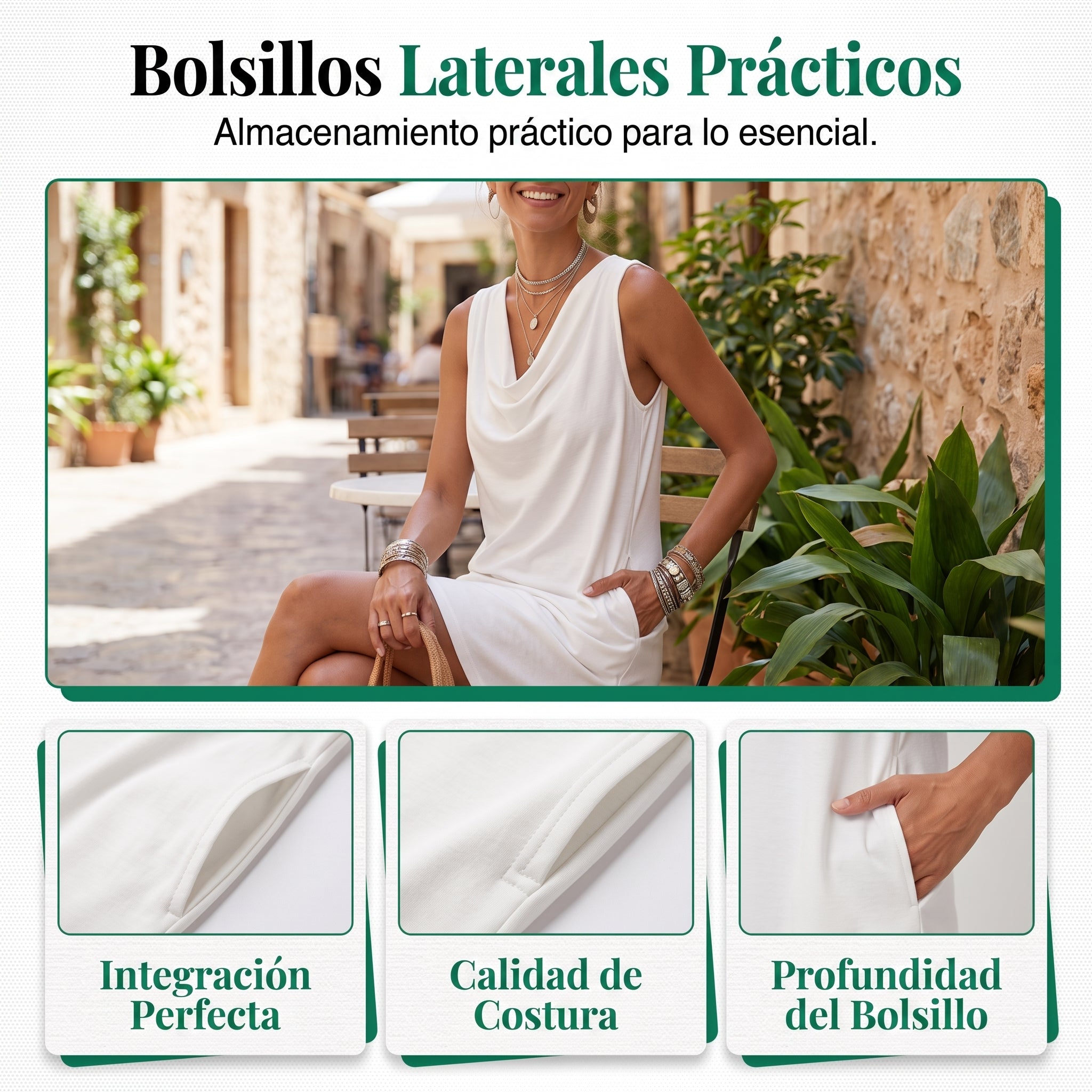 👗 ¡OFERTA LIMITADA: 50 % DE DESCUENTO! 💥 Vestido entallado con cuello barco – Sin mangas, bolsillos laterales, versátil ✨