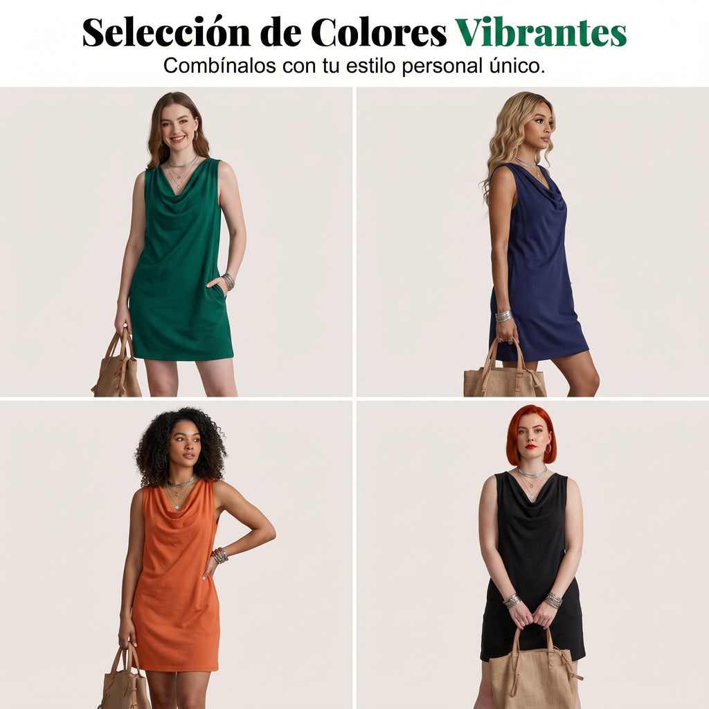 👗 ¡OFERTA LIMITADA: 50 % DE DESCUENTO! 💥 Vestido entallado con cuello barco – Sin mangas, bolsillos laterales, versátil ✨