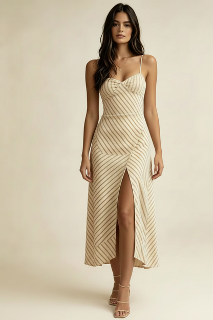 Camila – Vestido Midi de Punto a Rayas con Abertura