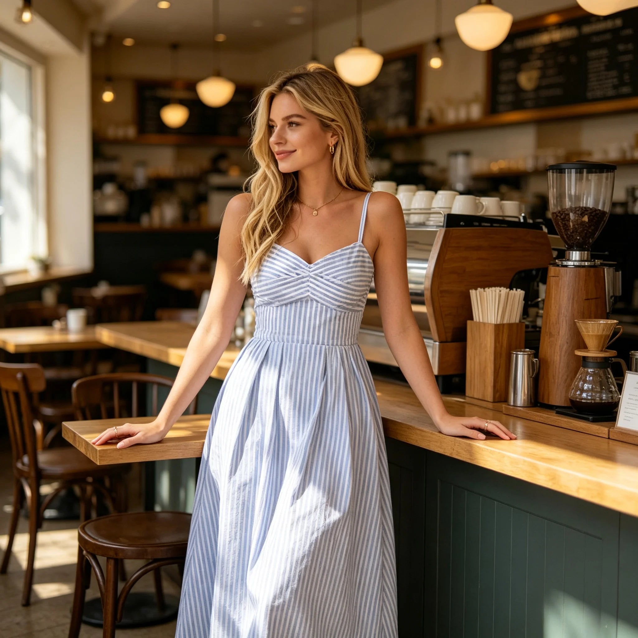 Alejandra | Vestido Midi a Rayas Azul Blanco - Para Tu Brunch Especial, Escote Corazón, Favorecedor