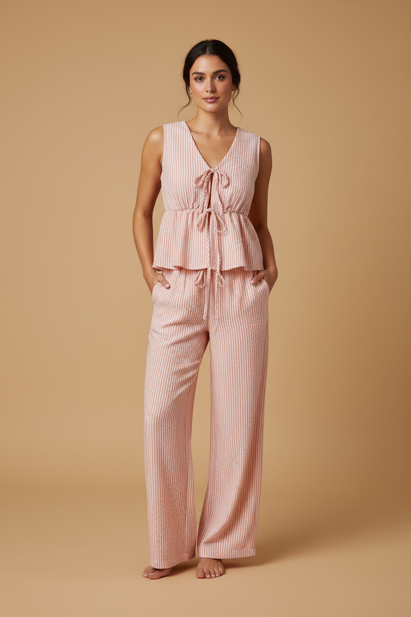Conjunto de pantalón palazzo a rayas con espalda al descubierto para mujer, moda fresca verano 2026