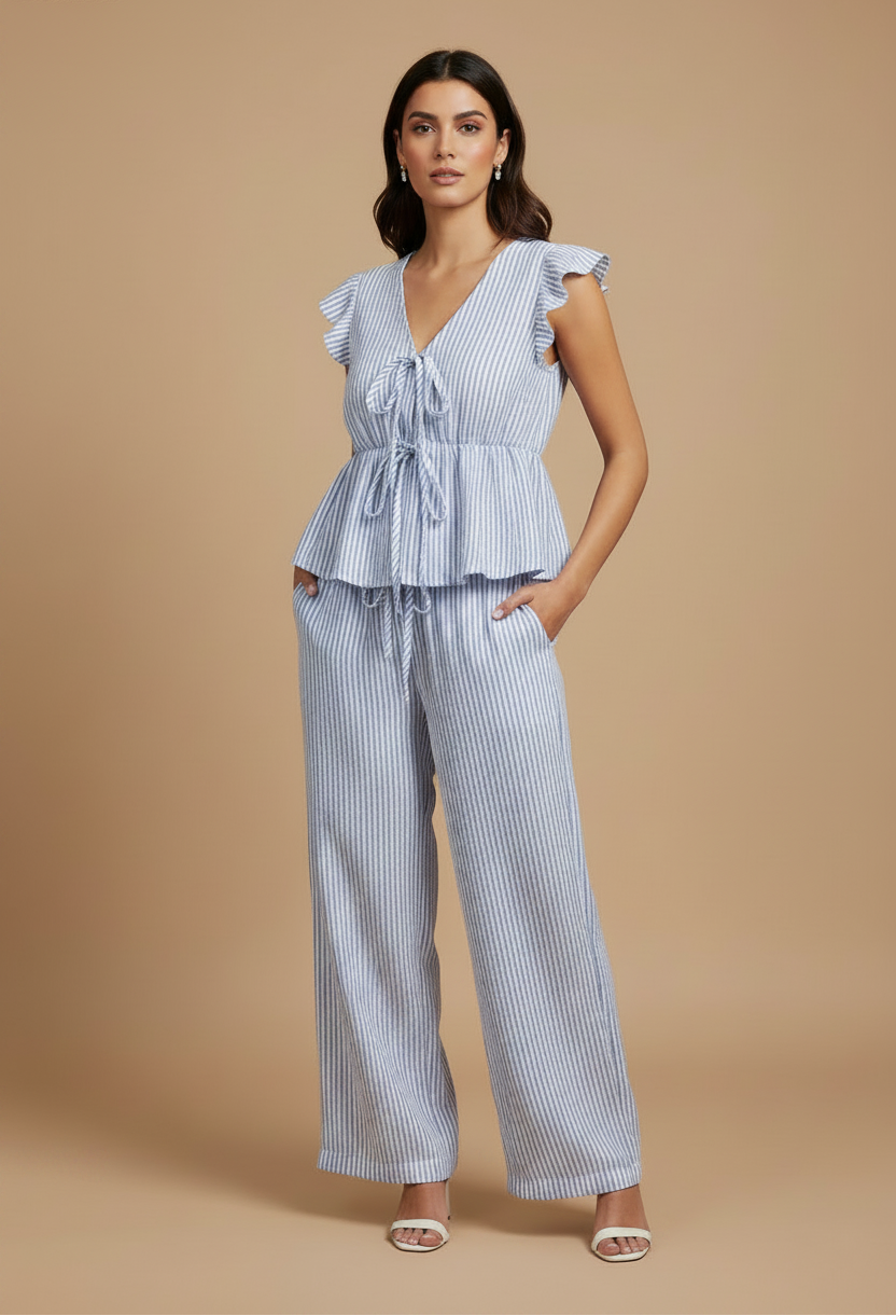 Conjunto de pantalón palazzo a rayas con espalda al descubierto para mujer, moda fresca verano 2026