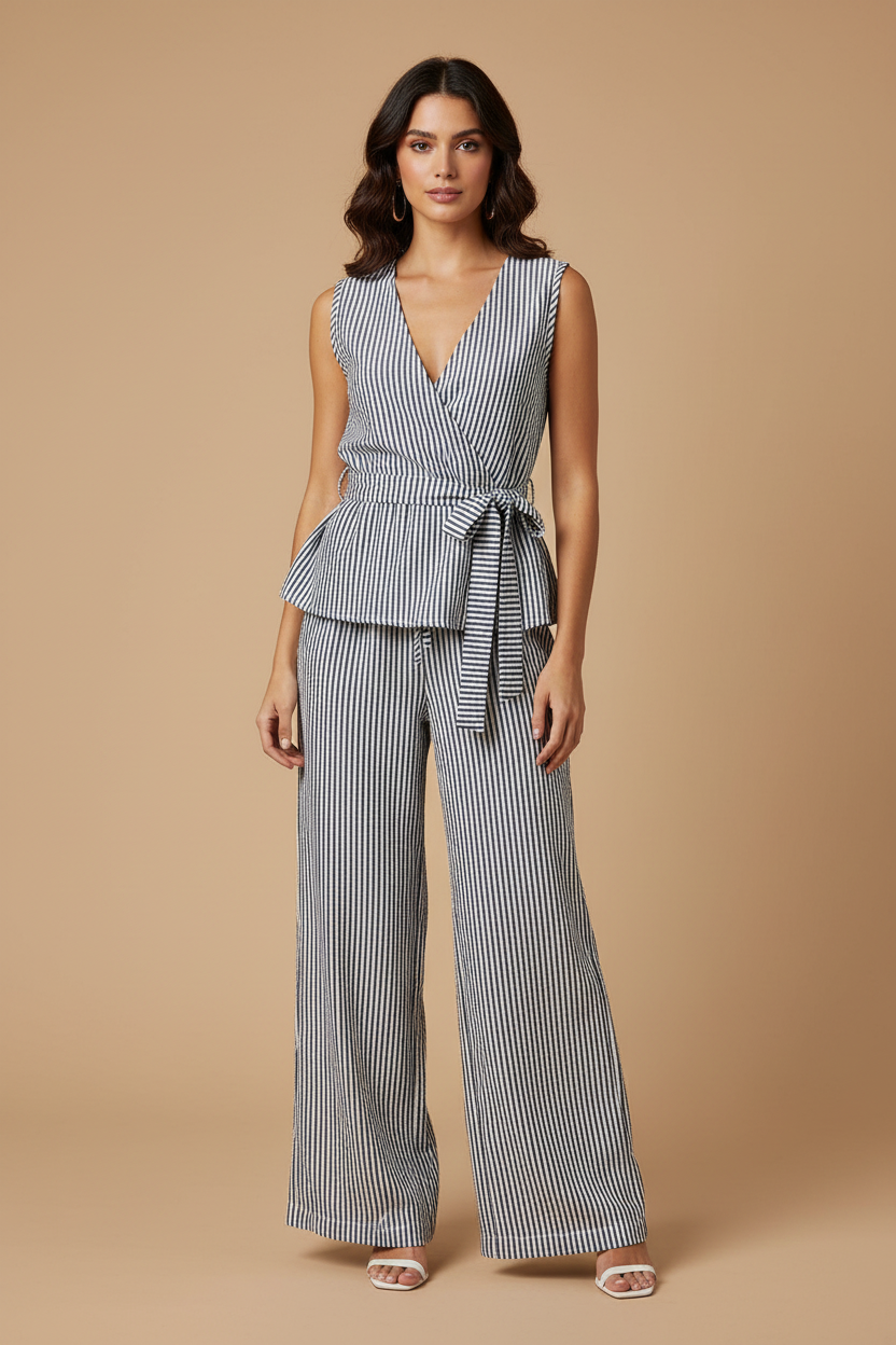 Conjunto de pantalón palazzo a rayas con espalda al descubierto para mujer, moda fresca verano 2026