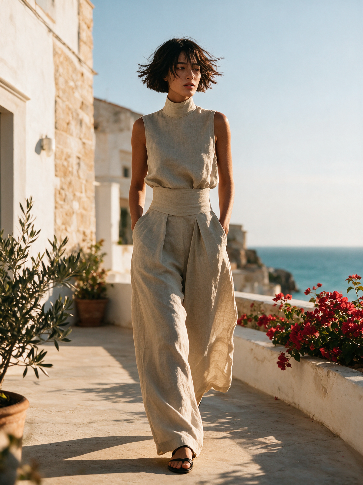 Marta |Conjunto de  Blusa Sin Mangas + Pantalón Ancho, Algodón/Lino
