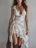 RIVEA STUDIOS | Vestido mini retro con estampado floral, cuello en V y tirantes finos