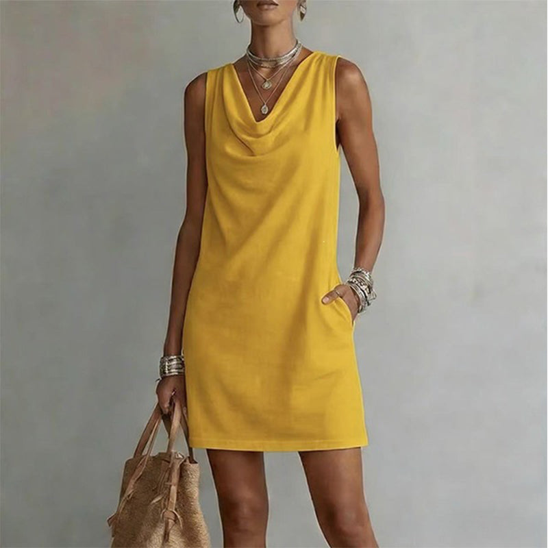 👗 ¡OFERTA LIMITADA: 50 % DE DESCUENTO! 💥 Vestido entallado con cuello barco – Sin mangas, bolsillos laterales, versátil ✨