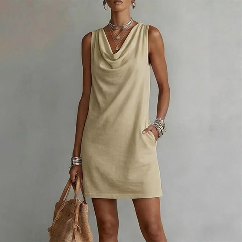 👗 ¡OFERTA LIMITADA: 50 % DE DESCUENTO! 💥 Vestido entallado con cuello barco – Sin mangas, bolsillos laterales, versátil ✨