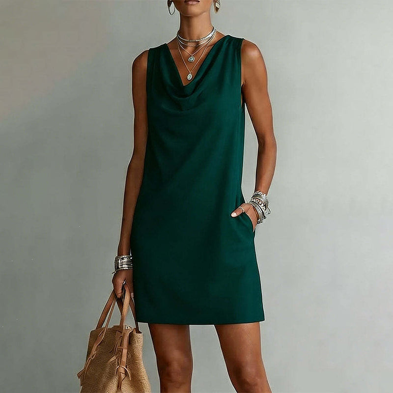 👗 ¡OFERTA LIMITADA: 50 % DE DESCUENTO! 💥 Vestido entallado con cuello barco – Sin mangas, bolsillos laterales, versátil ✨